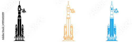 Colorful rocket ship illustrations in various line styles and colors