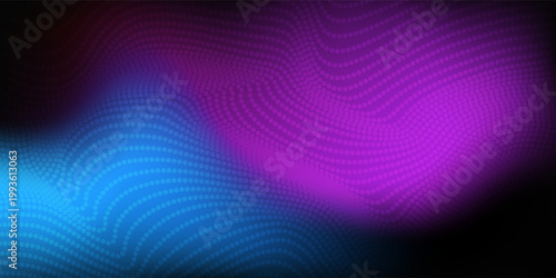 Abstract futuristic blue and pink wave with moving dots. Flow of particles with glitch effect. Ideal vector graphics for brochures, flyers, magazines, business cards and banners. Vector.