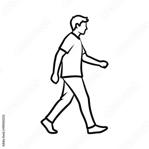 Young man walking casually in a relaxed pose, wearing a t-shirt and jeans, side view illustration