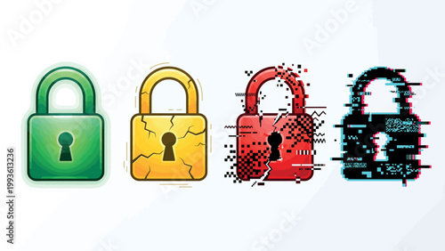 Padlock Cyber Security Breach Glitch Sequence Vector Art Illustration