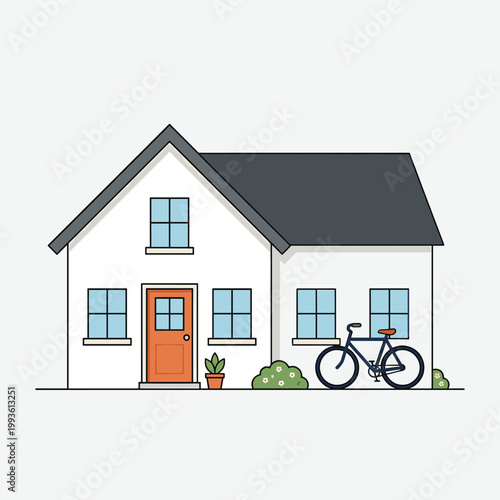 Simple House With Bike In Garden With Plant