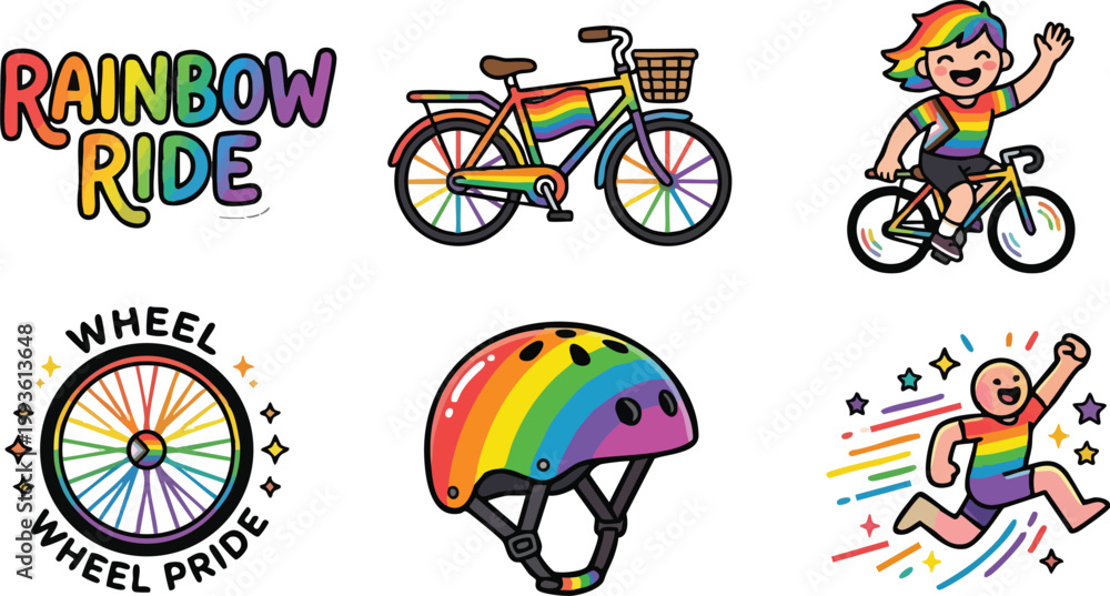 Fototapeta premium Rainbow ride lettering color bike helmet and happy kids cycling and running