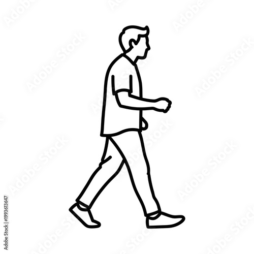 Young man walking casually in a relaxed pose, wearing a t-shirt and jeans, enjoying a leisurely stroll