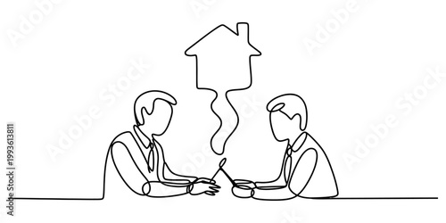 A single continuous line drawing of two business men having a professional meeting about purchasing a new residential property. Vector, illustration