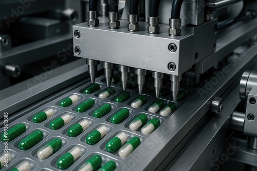 Automated machinery precisely fills capsules on a production line capsule.