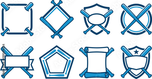 Baseball logo templates with crossed bats, blue sports emblem set of 8 vector icons, athletic shield and ribbon frames for team branding