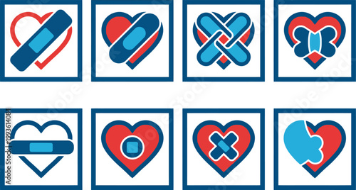 Medical heart icons with bandages, set of 8 vector heart health symbols, red and blue first aid heart concepts for healthcare and recovery
