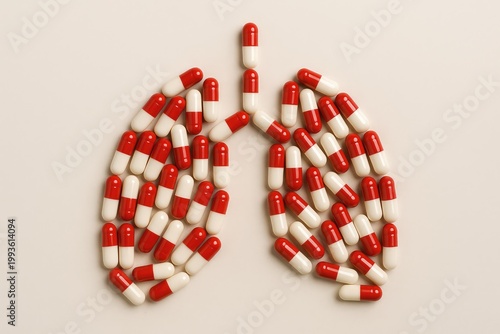 Red and white capsules arranged in the shape of human lungs on a plain surface.
