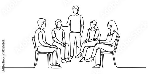 A continuous line drawing depicting a diverse group of people sitting in chairs having a deep and meaningful conversation now. Vector, illustration