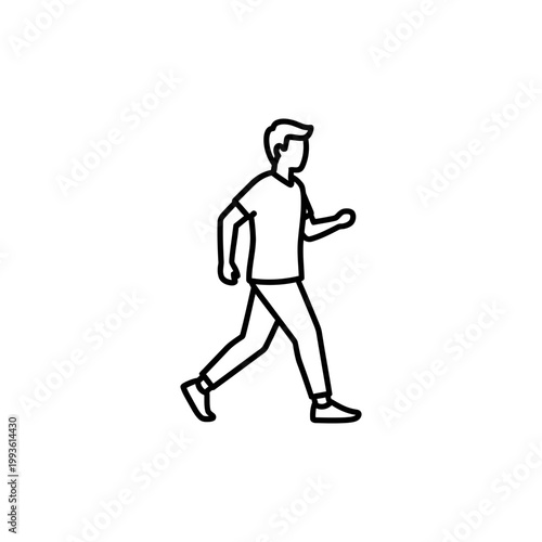 Young man walking casually in a relaxed pose, wearing a t-shirt and pants, enjoying a leisurely stroll