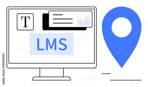 E-learning, geolocation, online education, user interface design, software tools, digital navigation. Computer screen with LMS, geolocation icon and icons for documents. E-learning and geolocation