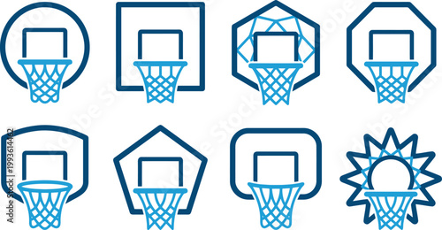 Basketball hoop icons set, minimalist blue sports backboard vector collection, 8 athletic equipment symbols for team branding and tournament logos