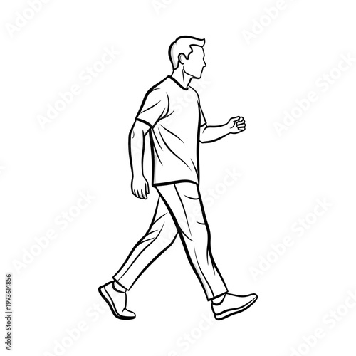 Young man walking casually in a relaxed manner, wearing a polo shirt and jeans, enjoying a leisurely stroll