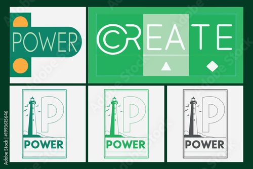 A green and white graphic with power and create