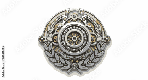 Intricate Mechanical Emblem with Laurel Wreath - Steampunk Design
