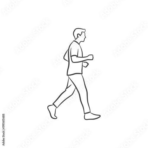 Man walking casually in a relaxed pose, wearing a polo shirt and sneakers, enjoying a leisurely stroll