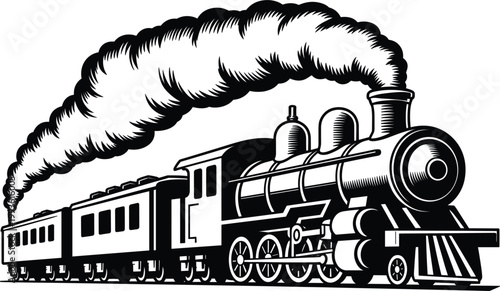 Steam locomotive train with smoke, vintage railway engine transport for travel and industrial transportation themes