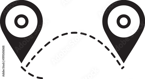 Black and white map pin connected by dashed arc line also transparent background, location marker navigation