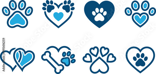 Pet paw print and heart icons set, blue animal lover vector elements, dog and cat paw with heart symbols, veterinary and rescue logo graphics