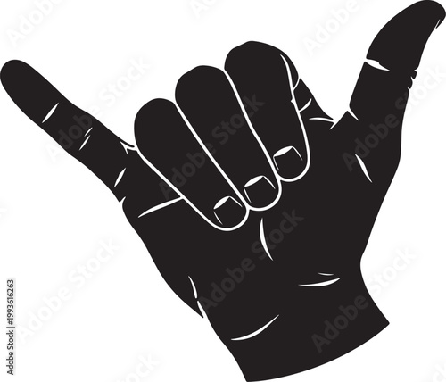 Black silhouette of a hand making the hang loose sign also transparent background, fingers