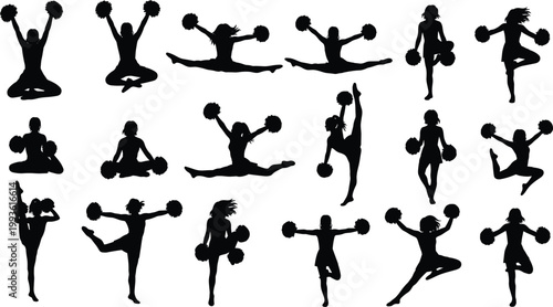 Cheerleader Silhouette Bundle with Dynamic Dance Jumping Splits and Pom Pom Poses for Sports and Competition Design