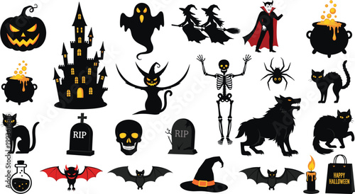Colorful Halloween Character Bundle with Vampire Witch Ghost Skeleton Werewolf Pumpkin and Spooky Elements for Holiday Design