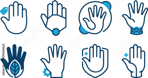 Minimalist hand icons set, 8 blue line art hand symbols for business and technology, palm gestures for hygiene and eco-friendly concepts