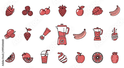 Collection of Fresh Fruits and Blender Icons for Healthy Smoothies.