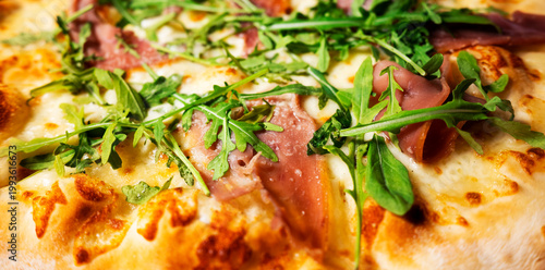 Arugula and Prosciutto Pizza texture, Gourmet Italian Food background