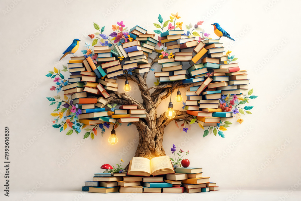 Fototapeta premium Book tree formation stands as a whimsical metaphor for knowledge growth, featuring colorful volumes with glowing light bulbs and small avian creatures perched on lush.