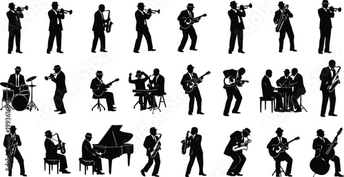 Jazz Musician Silhouette Bundle with Trumpet Saxophone Guitar Piano Drums and Band Performance Poses for Music Design