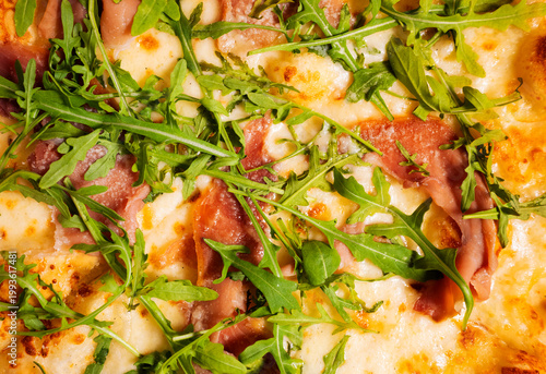 Arugula and Prosciutto Pizza texture, Gourmet Italian Food background