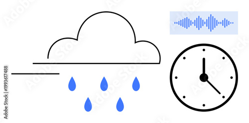 Weather forecast. Rain cloud symbol weather monitoring tools with clock indicating time tracking. Weather forecast insights and sound wave detail. For meteorology, analysis, climate apps, time