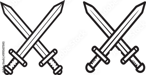 Two crossed swords with pointed tips and wrapped handles on isolated white background