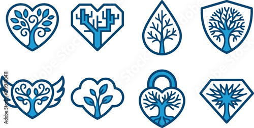 Acht verschiedene Logos mit stilisierten Bäumen in blauen und weißen Formen wie Herzen, Schildern und Tropfen.