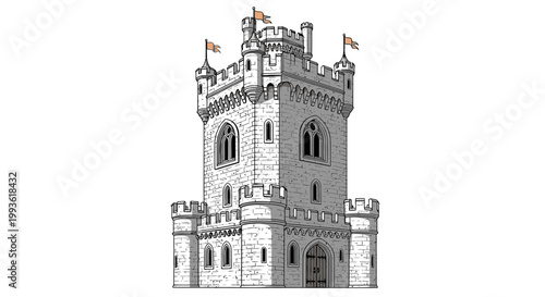 Medieval Stone Tower Illustration with Flags and Architectural Details