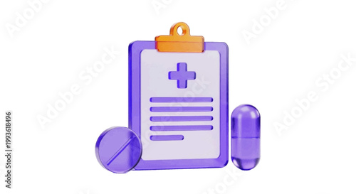 Vector illustration of 3d medical clipboard with pill and capsule on a transparent background