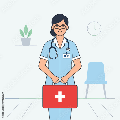 Nurse With Medical Kit In Garden With Chair