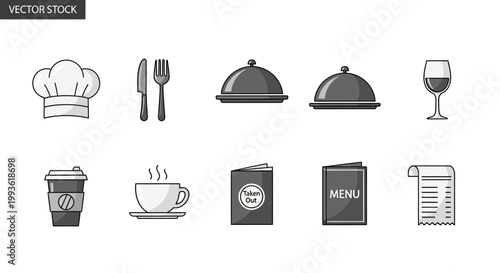 Collection of restaurant and cafe icons in a simple line art style.