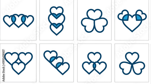 Verschiedene Anordnungen von blauen Herzumrissen mit Überlappungen.