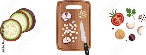 Fresh Vegetable Cutting and Cooking Preparation Illustration Featuring Sliced Zucchini, Chopping Board, Knife, Garlic, Tomato, and Ingredients for Healthy Food Vector Design