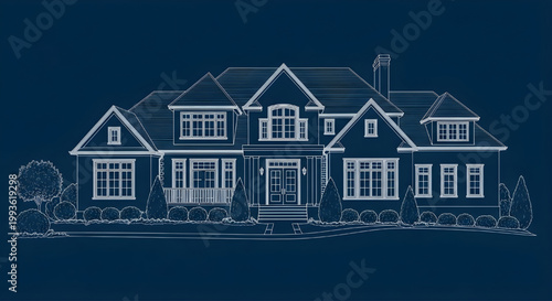 AutoCAD Residential House Front View with Landscape Trees – Grand Home Exterior Blueprint White Outline on Dark Blue Background