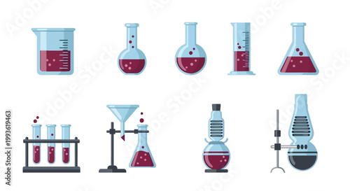 Collection of Scientific Laboratory Glassware with Red Liquid.