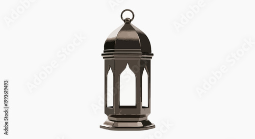 A dark metal lantern with ornate glass panels and a decorative top element