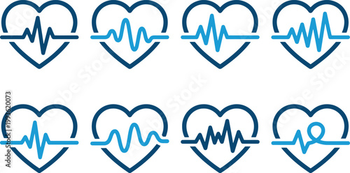 Medical heartbeat icon set with 8 vector elements, blue heart rate pulse line symbols, cardiology and healthcare diagnostic graphics for hospital apps