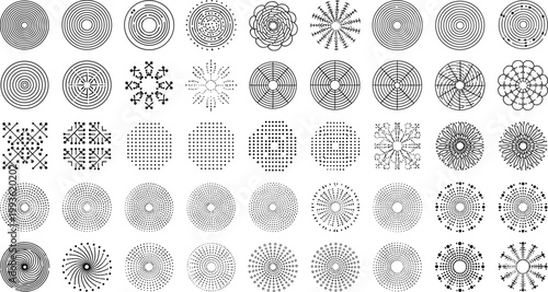 Abstract black and white circular geometric pattern collection, radial mandalas, minimalist line art symbols for graphic design, vector ornament elements