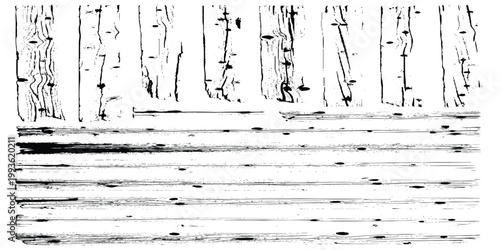 Distressed set of white wooden planks with peeling paint, rustic farmhouse texture, black-and-white minimal style.