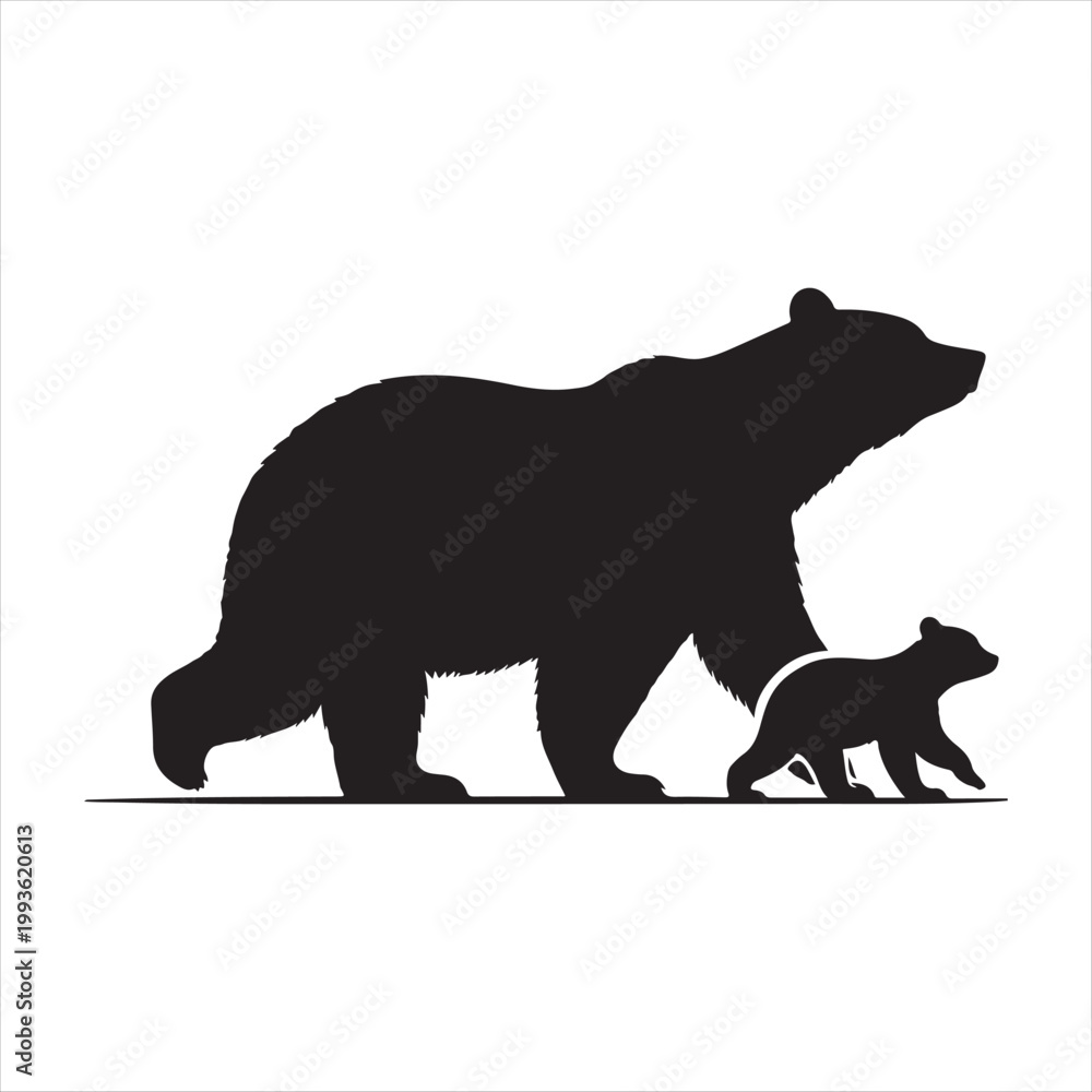 Obraz premium Bear walking with cub trailing behind vector silhouette line art concept logo design idea illustration