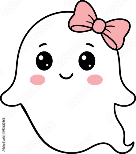 A cute cartoon ghost with a pink bow and rosy cheeks