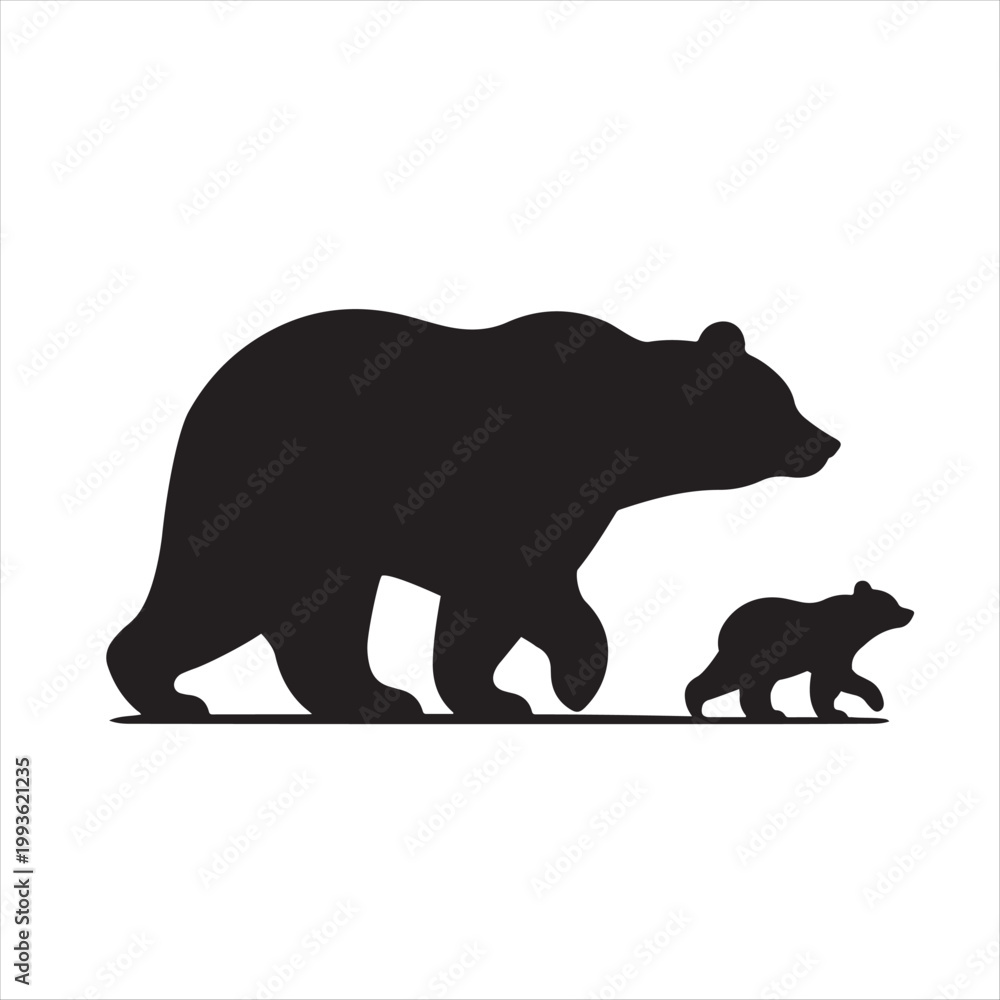Fototapeta premium Bear walking with cub trailing behind vector silhouette line art concept logo design idea illustration